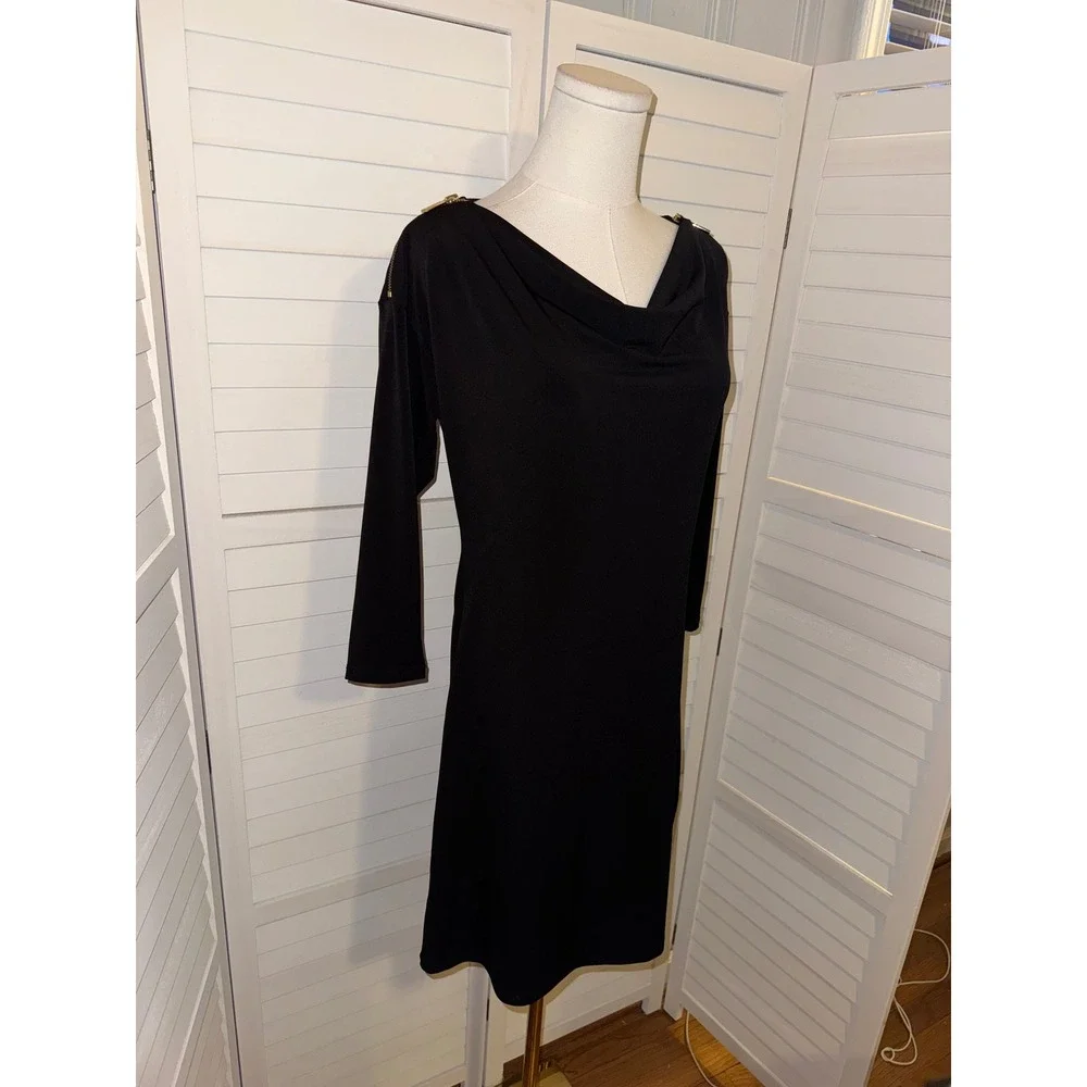 MICHAEL KORS Black Cowl Neck 3/4 Sleeve Sheath Dress Gold Zipper Detail XS